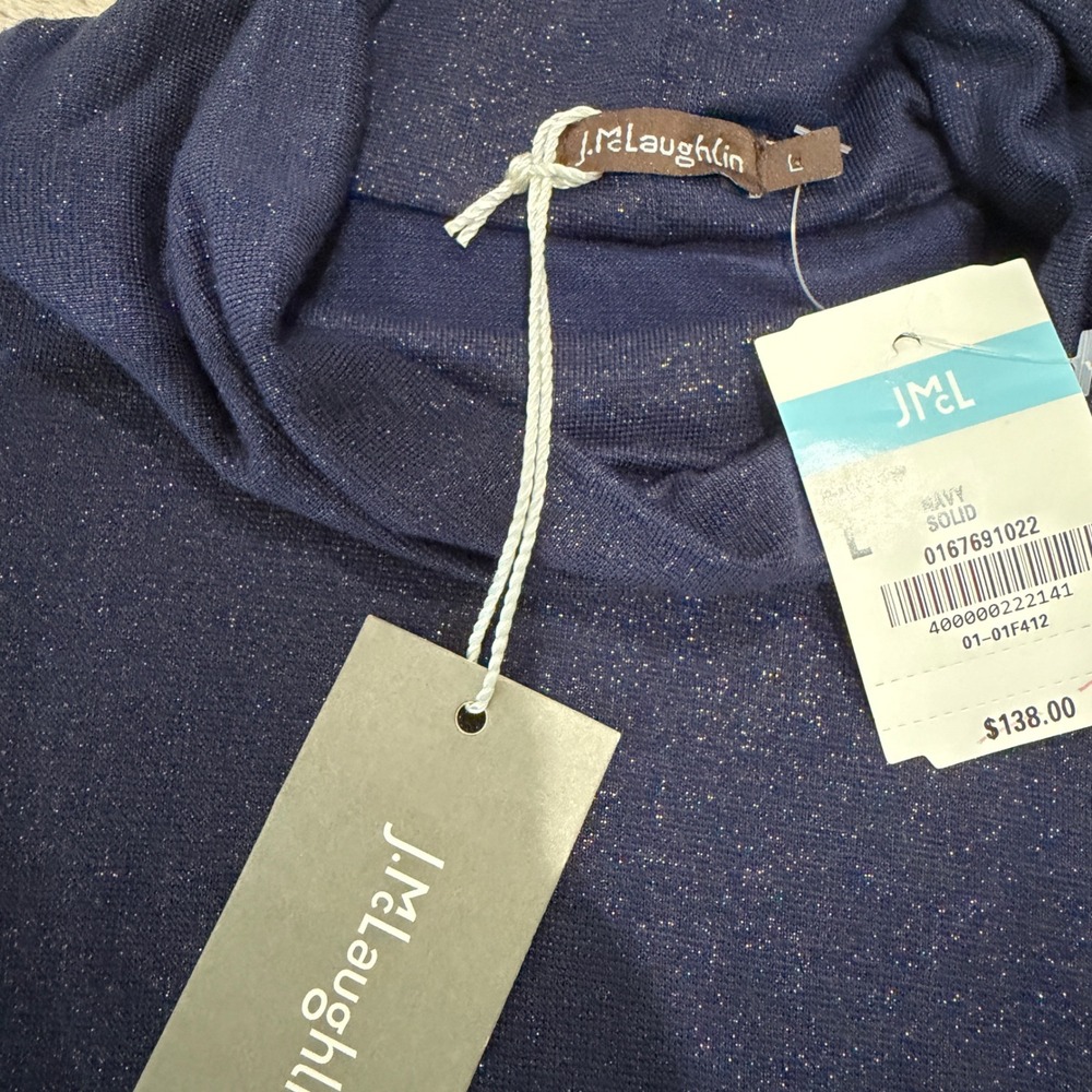 NEW J. McLaughlin Nora Top Navy Blue Shimmer Mock Neck Long Sleeve NWT Large - Picture 3 of 6
